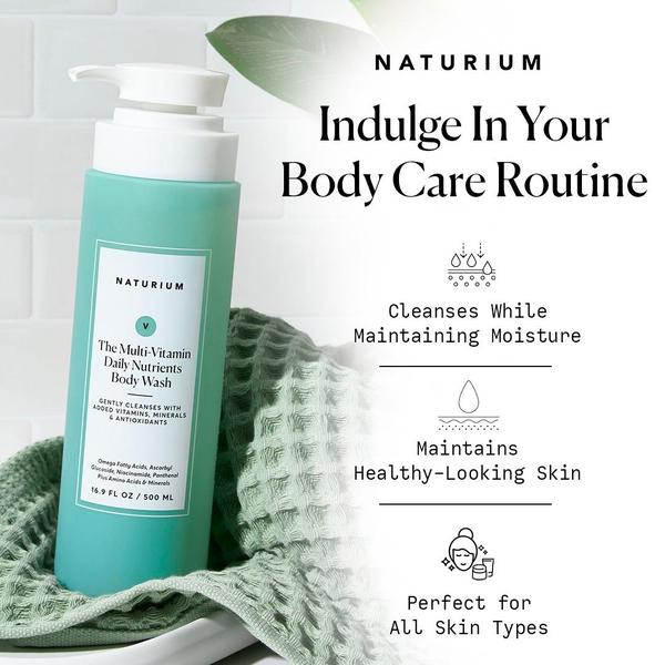 A clean, square-format ad featuring a body wash bottle on a textured towel with three key benefit pillars displayed in a structured layout.